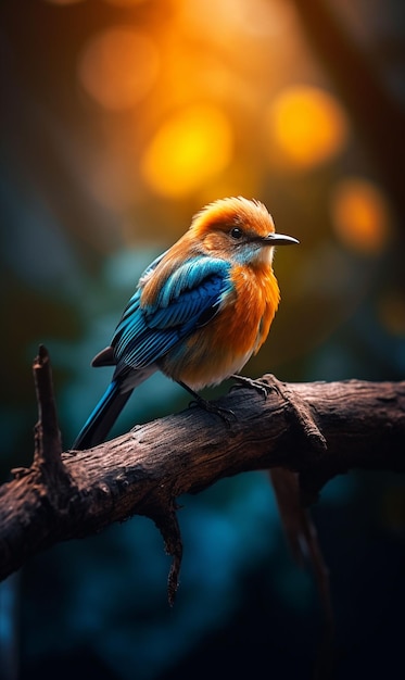 Oiseau bleu et orange assis au sommet d'une branche d'arbre ai générative