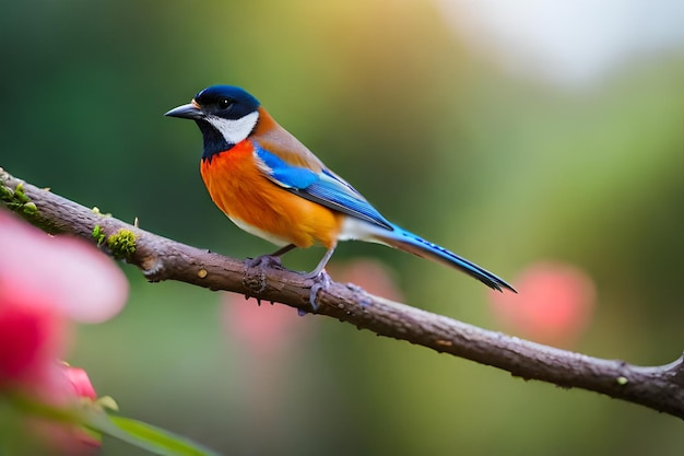 un oiseau bleu et orange au corps bleu et orange est assis sur une branche.