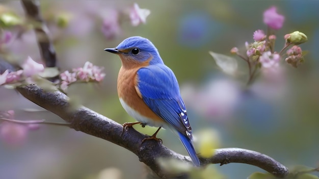 un oiseau bleu et orange est assis sur une branche avec des fleurs violettes