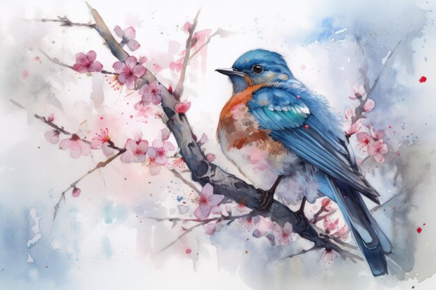Un oiseau bleu perché sur une branche d'arbre et entouré d'une rafale de pétales de fleurs de cerisier qui tombent Generative AI AIG18