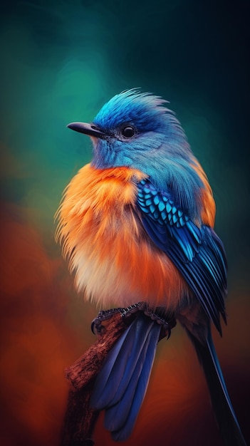 un oiseau bleu avec des plumes jaunes et orange