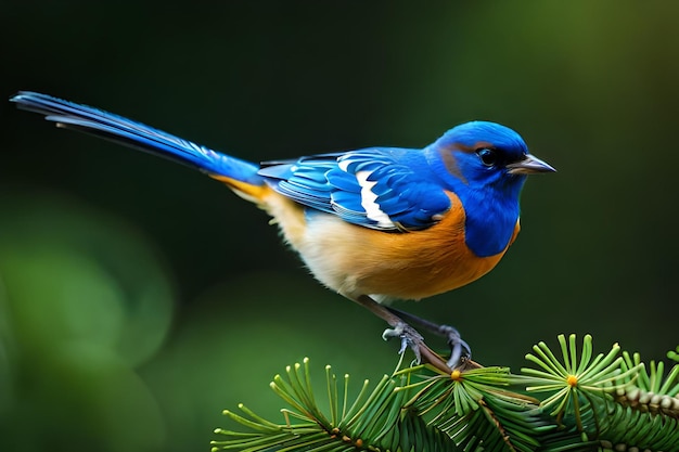 Un oiseau bleu avec une queue noire est assis sur une branche.