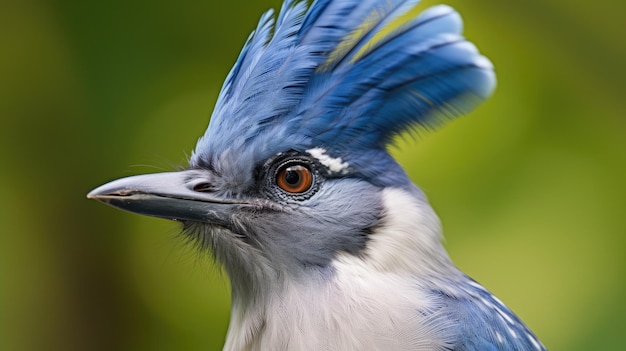 Un oiseau bleu avec une tête bleue et un oeil rouge