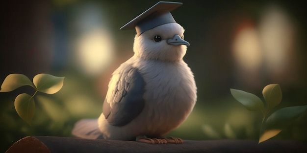 Un oiseau avec un bonnet de graduation sur la tête est assis sur un rebord.