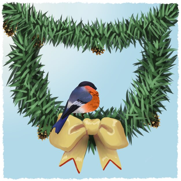 Oiseau Bouvreuil sur une couronne, concept de Noël