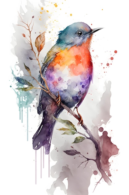 Un oiseau sur une branche avec des aquarelles et de la peinture en aérosol.