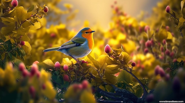 Un oiseau sur une branche avec des fleurs jaunes