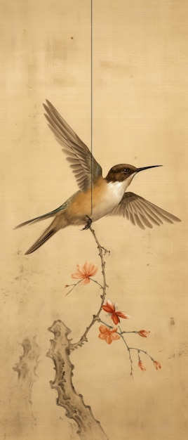 Oiseau sur la branche avec des fleurs Photo dans l'ancien style d'image couleur