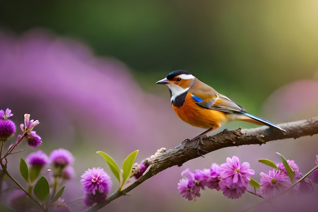 Un oiseau sur une branche avec des fleurs violettes en arrière-plan