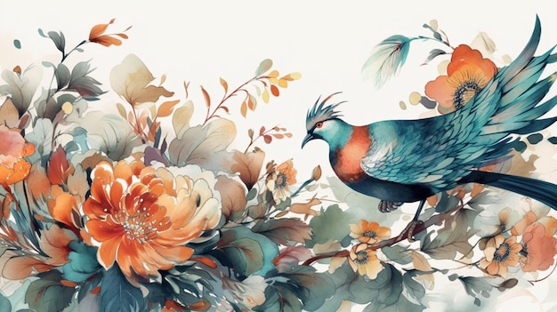 Un oiseau sur une branche avec des fleurs