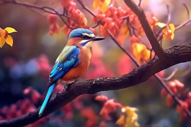 Un oiseau sur une branche avec un fond coloré