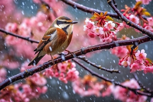 Photo l'oiseau sur la branche de sakura avec la pluie