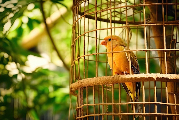 Oiseau en cage dans un environnement créé par l'homme