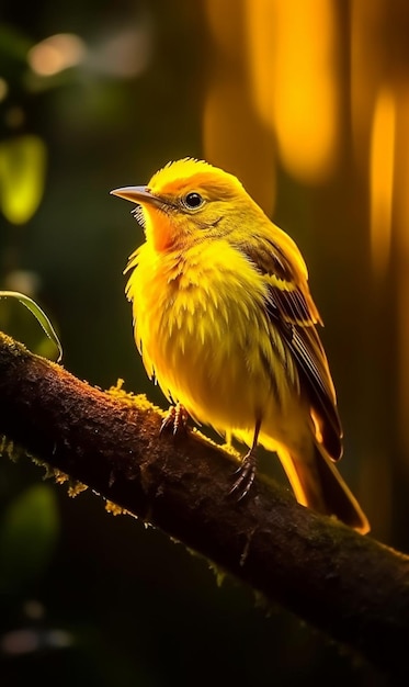 Photo oiseau chanteur jaune perché sur une branche générative ai