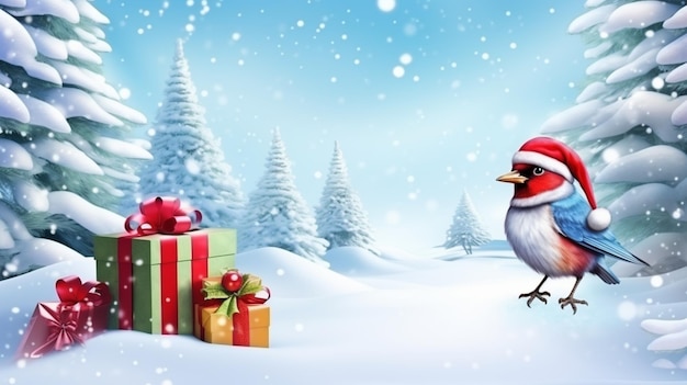 oiseau avec un chapeau de père Noël et une boîte à cadeaux sur la neige Joyeux Noël