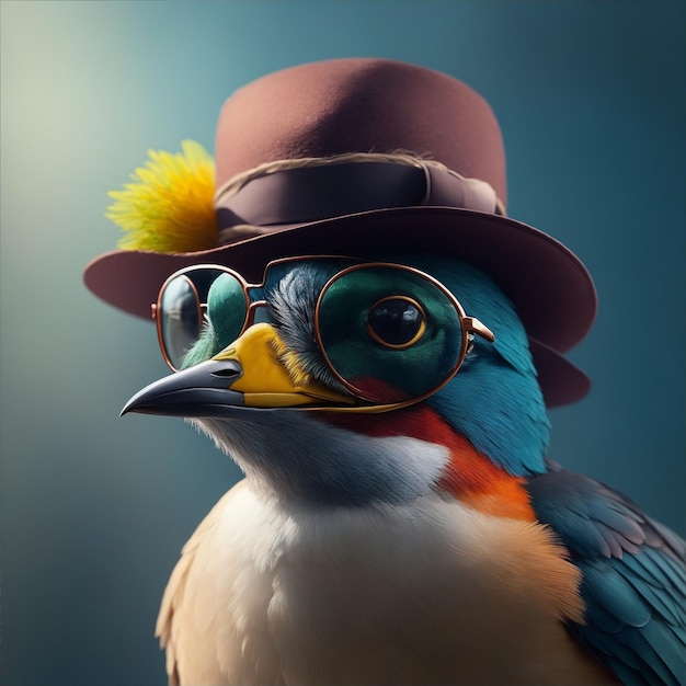 un oiseau avec des chapeaux et des lunettes