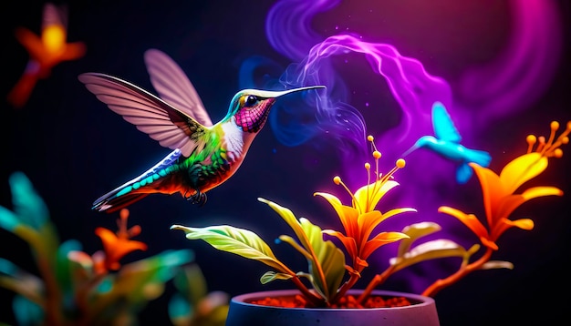 Photo oiseau colibri lumineux sur une fleur sur un fond sombre