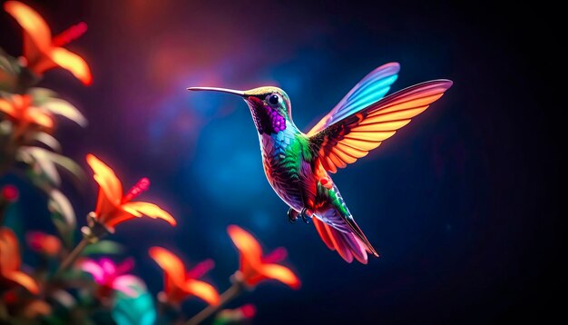 oiseau colibri lumineux sur une fleur sur un fond sombre