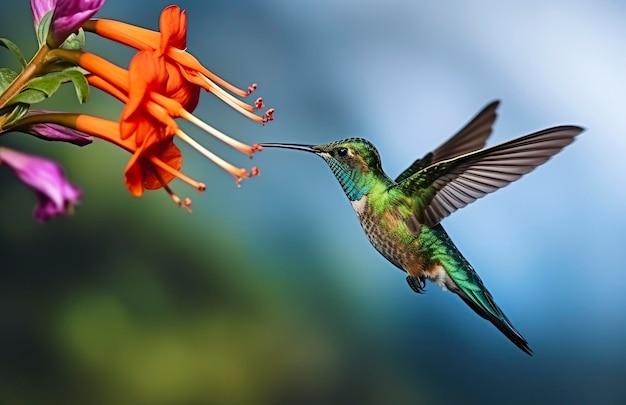 Oiseau colibri volant à côté d'une belle fleur rouge avec de la pluie