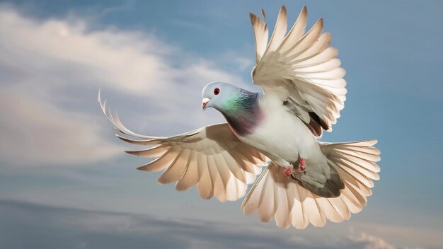 Photo oiseau de colombe à plumes blanches volant dans les airs