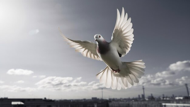 Photo oiseau de colombe à plumes blanches volant dans les airs