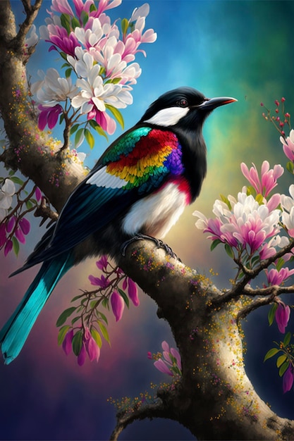 Oiseau coloré assis au sommet d'une branche d'arbre ai générative