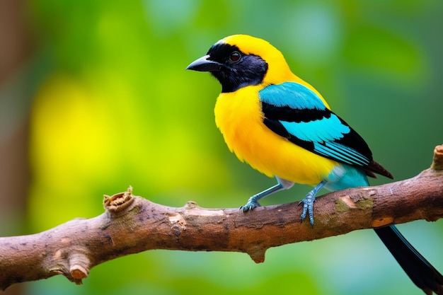 Un oiseau coloré avec un bec noir et une aile bleue et jaune