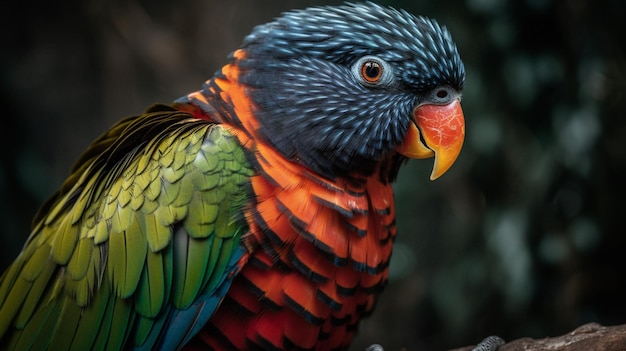 Un oiseau coloré avec un bec noir et des plumes rouges et vertes.