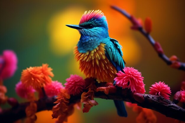 Photo oiseau coloré sur une branche avec l'arrière-plan jaune et orange