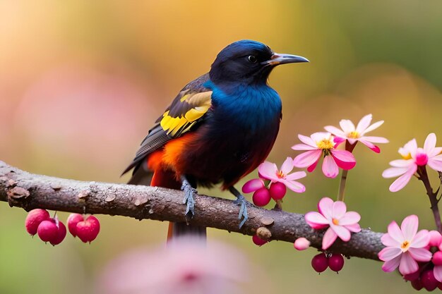 Oiseau coloré sur une branche avec des fleurs roses