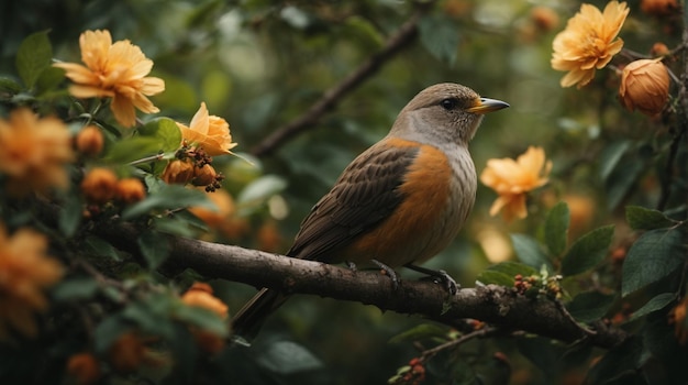 Un oiseau coloré élégant assis sur une branche avec des feuilles et des fleurs dans l'arrière-plan naturel