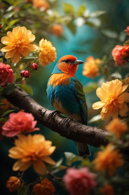 Un oiseau coloré époustouflant assis sur une branche avec des feuilles et des fleurs dans l'arrière-plan naturel