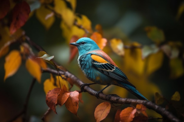 Un oiseau coloré est assis sur une branche avec des feuilles en arrière-plan.