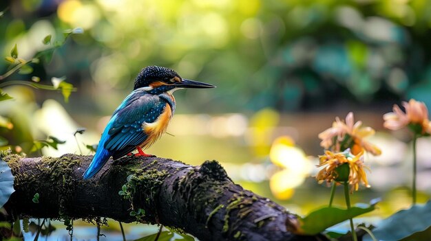 un oiseau coloré est assis sur une branche avec des fleurs en arrière-plan