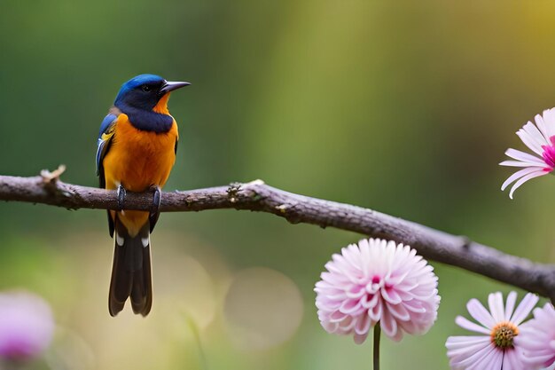 un oiseau coloré est assis sur une branche avec des fleurs en arrière-plan.