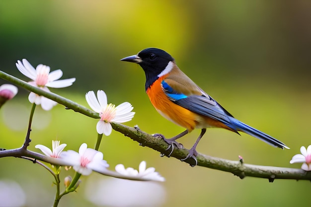 un oiseau coloré est assis sur une branche avec des fleurs en arrière-plan.