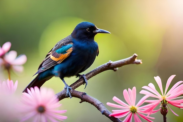Un oiseau coloré est assis sur une branche avec des fleurs en arrière-plan.