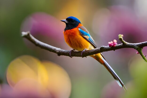 un oiseau coloré est assis sur une branche avec des fleurs violettes en arrière-plan.