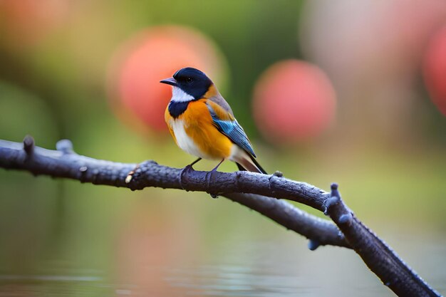 un oiseau coloré est assis sur une branche avec un fond flou.