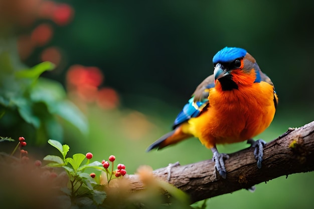 Un oiseau coloré est assis sur une branche avec un fond vert.