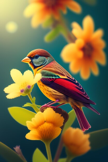 Un oiseau coloré est assis sur une fleur.