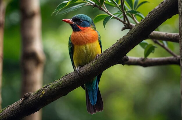 Photo un oiseau coloré est perché sur une branche avec un fond flou