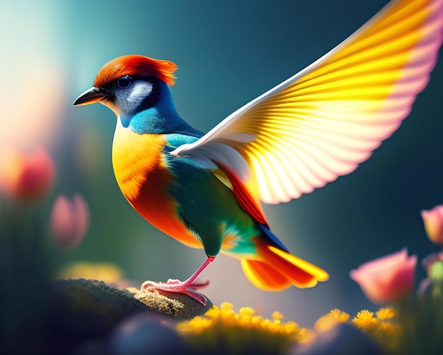 Oiseau coloré sur un fond de nature illustration 3D
