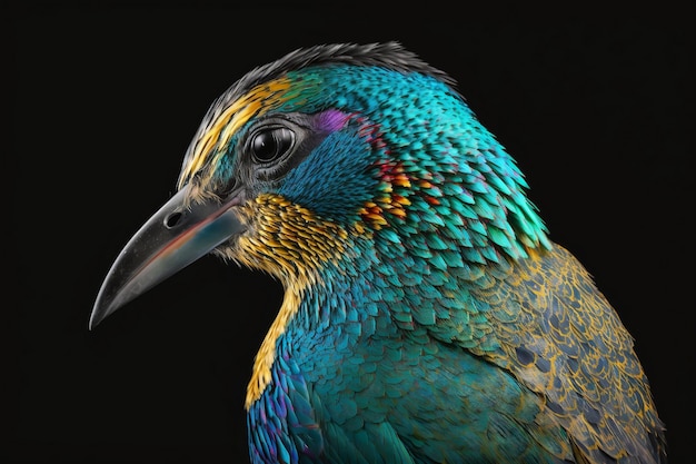 Oiseau coloré en gros plan sur fond noir IA générative