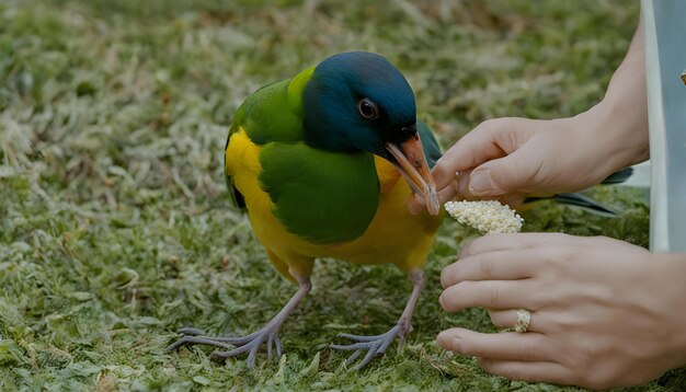 Photo un oiseau coloré mange quelque chose de la main de quelqu'un