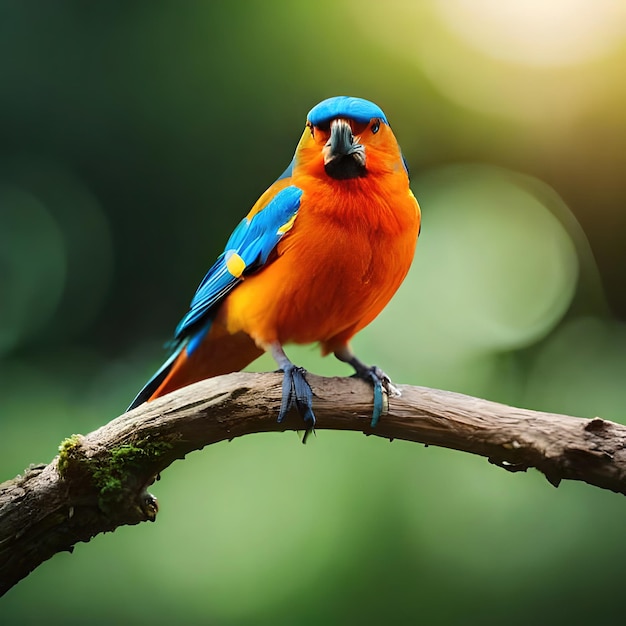 Un oiseau coloré avec un oeil au beurre noir et un fond vert.