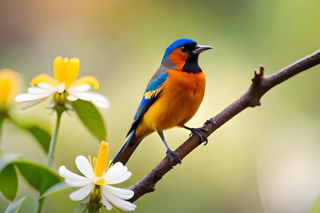 un oiseau coloré avec des plumes bleues et jaunes sur la poitrine.