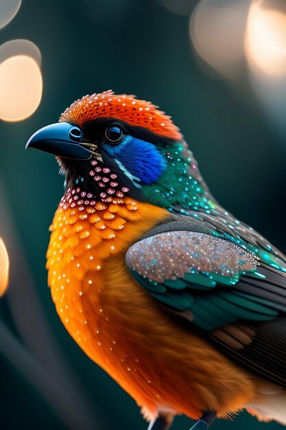 Un oiseau coloré avec des plumes bleues, orange et jaunes