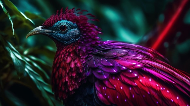 Un oiseau coloré avec des plumes violettes et une tête noire et rouge.