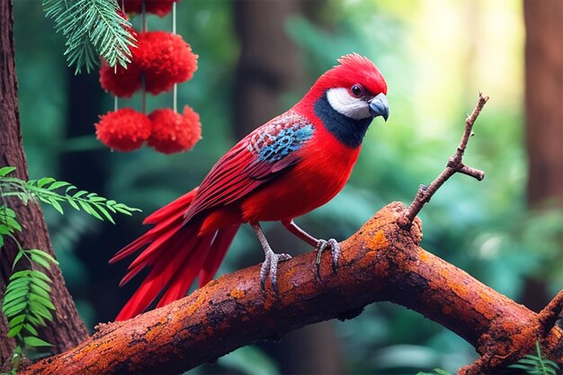 Photo oiseau coloré et rouge sur la branche dans la forêt